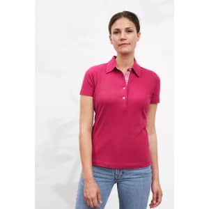 A pink ladies' polo shirt featuring a collared neckline and a subtle check pattern inside the collar, with a logo.