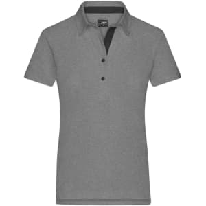A grey plain polo shirt with a collared neckline and three buttons, featuring a logo on the chest.