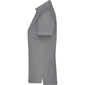 A grey ladies polo shirt displayed from the side, featuring a collar and short sleeves. It has a logo on it.