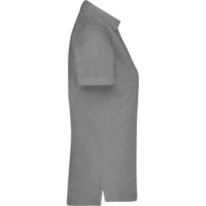 A grey ladies plain polo shirt with a collared neckline and short sleeves. Features a logo on the chest.