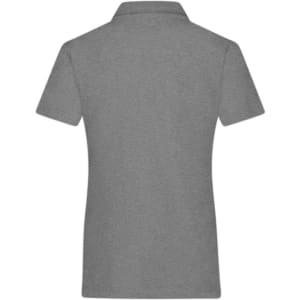 A grey ladies plain polo shirt featuring a classic design and a collar, with a logo on the back.