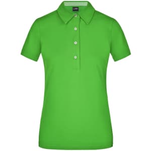 A plain green women's polo shirt featuring a collared neck and three-button placket, with a branding logo.