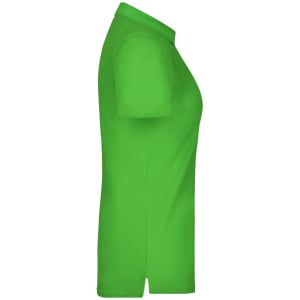 A green ladies plain polo shirt featuring a classic collar and short sleeves, with a logo on the side.