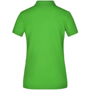 A bright green ladies' polo shirt featuring a plain design and a logo on the back.