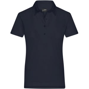 A navy ladies' polo shirt with a collared neckline and three button placket, featuring a logo.