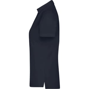 A navy blue ladies plain polo shirt with a classic collar and short sleeves, featuring a logo.