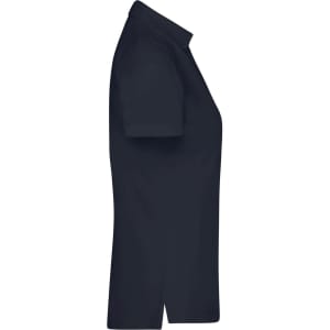A navy ladies polo shirt featuring a classic collar and short sleeves, displayed from the side. It has a logo.
