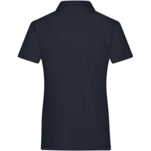 A navy blue ladies polo shirt with a collar and a logo on the back.