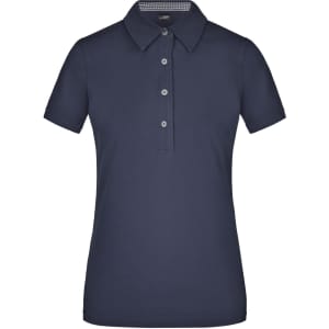 A dark navy ladies plain polo shirt, featuring a collar and three buttons at the front. It has a brand logo.