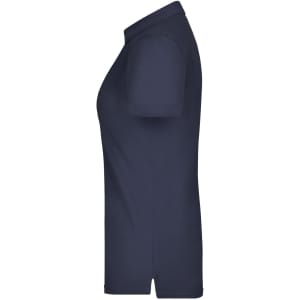 A navy blue ladies plain polo shirt with a classic collar and short sleeves, featuring a logo.