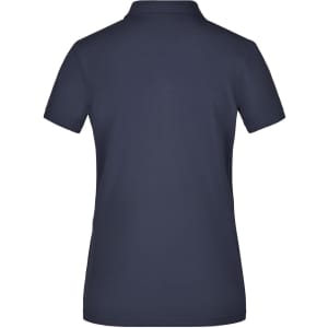 A navy ladies' polo shirt with a classic design and short sleeves, featuring a logo on the back.