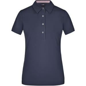 A navy blue ladies plain polo shirt with a collar and five buttons, featuring a small logo.