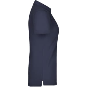 A ladies' plain navy polo shirt with short sleeves, featuring a simple design and a small logo.