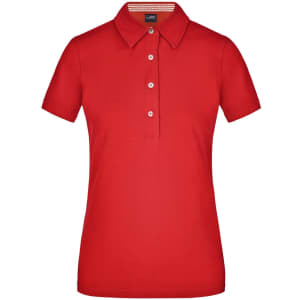 A red ladies polo shirt with a collar and short sleeves, featuring buttons and a logo.