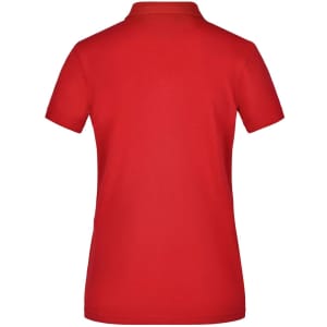 A red ladies' polo shirt featuring a classic design and a back view. It includes a logo at the neckline.