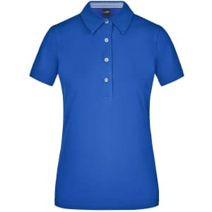 A blue ladies plain polo shirt with a collared neck and button placket. It features a logo on the side.