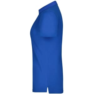 A plain blue polo shirt with a collar and short sleeves, displayed from the side. It features a logo.