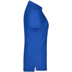 A blue ladies plain polo shirt with a fitted style and short sleeves, featuring a logo on the chest.