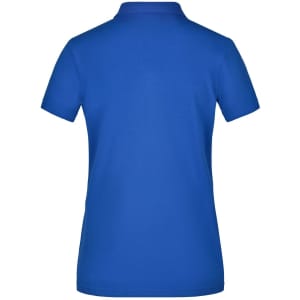 A blue ladies' polo shirt with a collar and short sleeves, featuring a branding logo.