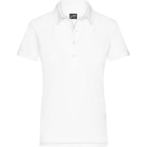 A white women's polo shirt with a collar and buttons, featuring a logo on the label.