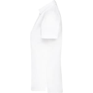 A plain white ladies polo shirt featuring a classic collar and short sleeves, with a logo on the chest.