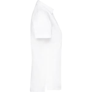 A plain white ladies polo shirt, featuring short sleeves and a collar, with a logo on the side.