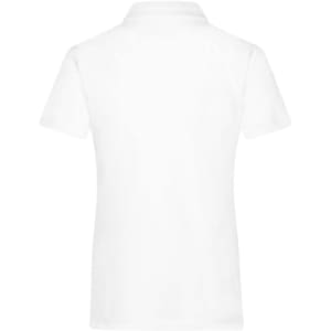 A plain white ladies polo shirt with a collar and short sleeves, featuring a small logo on the back.