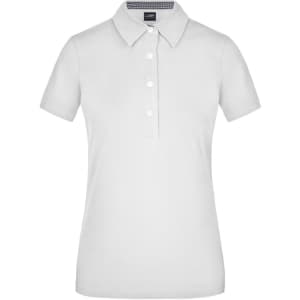 A plain white polo shirt with a collar and three buttons, featuring a logo on the chest.