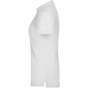 A plain white polo shirt featuring a collar and short sleeves, with a logo on the chest.