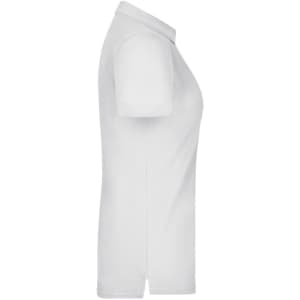 A white ladies plain polo shirt displayed from the side, featuring short sleeves and a collar. It has a logo on it.