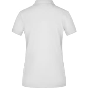 A plain white polo shirt with a short sleeve and a collar, featuring a logo on the back.