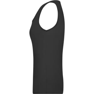 A black ladies' elastic top with a v-neck design and sleeveless style, featuring a logo.