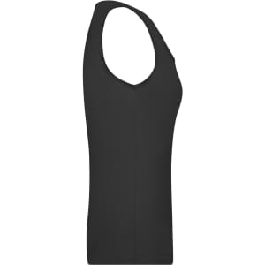 A black ladies elastic top featuring a sleeveless design and a v-neckline. It has a fitted silhouette.