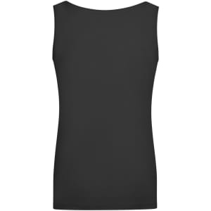 A black sleeveless top with an elastic neckline, featuring a smooth, simple design and no visible logos.