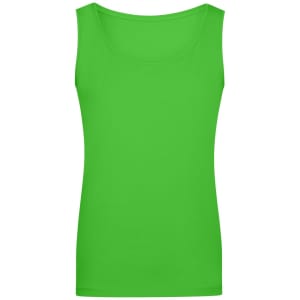 A bright green ladies' elastic top with a scoop neckline and a fitted style. Features a logo.
