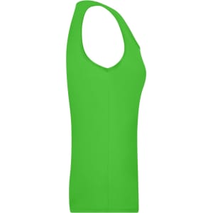 A vibrant green ladies elastic top with a fitted design and a scoop neckline. It features a logo on the side.