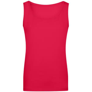 A red ladies' elastic top with a scoop neckline. It has a simple, sleeveless design.
