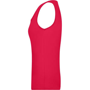 A red ladies' elastic top with a sleeveless design, featuring a fitted silhouette. Includes a logo.
