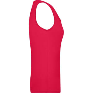 A red sleeveless top featuring an elastic neckline, designed as a women's T-shirt. The top has a fitted silhouette.