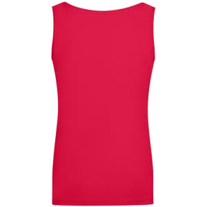 A red ladies' elastic top with a scoop neckline and no sleeves, featuring a simple design and a logo.
