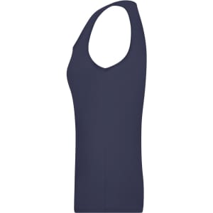 A navy ladies' elastic top featuring a sleeveless design and a fitted silhouette. The garment has a logo on it.