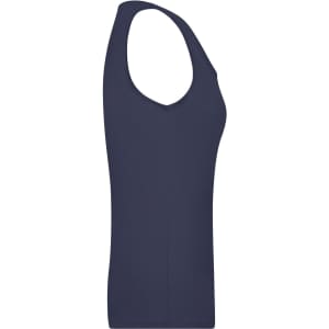 A navy blue ladies' elastic top with a sleeveless design, featuring a v-neckline and a fitted silhouette.