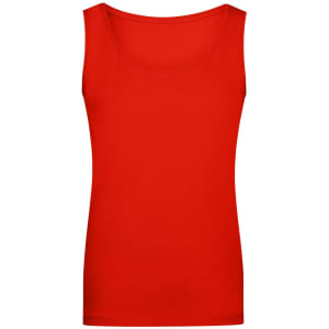 A red ladies' elastic top featuring a scoop neckline and no sleeves, with a plain design and a logo.