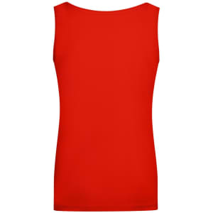 A red sleeveless top with an elastic neckline, featuring a simple design. It has a logo on the back.