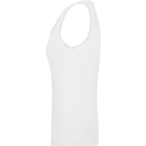 A white elastic top featuring a sleeveless design and a fitted silhouette, with a logo on the side.