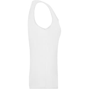 A white elastic top with a sleeveless design, featuring a fitted shape and a logo on the side.