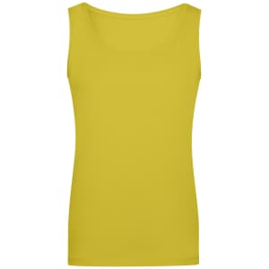 A yellow ladies' elastic top with a scoop neckline, featuring a logo on the fabric.