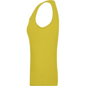 A yellow ladies' elastic top with a sleeveless design and a fitted shape. Features a logo on the garment.
