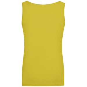 A yellow sleeveless t-shirt with an elastic top and a plain back. Features a logo on the label.