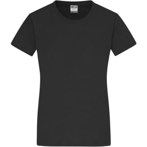 A black Ladies-T shirt with a round neckline and short sleeves, featuring a logo on the label inside.